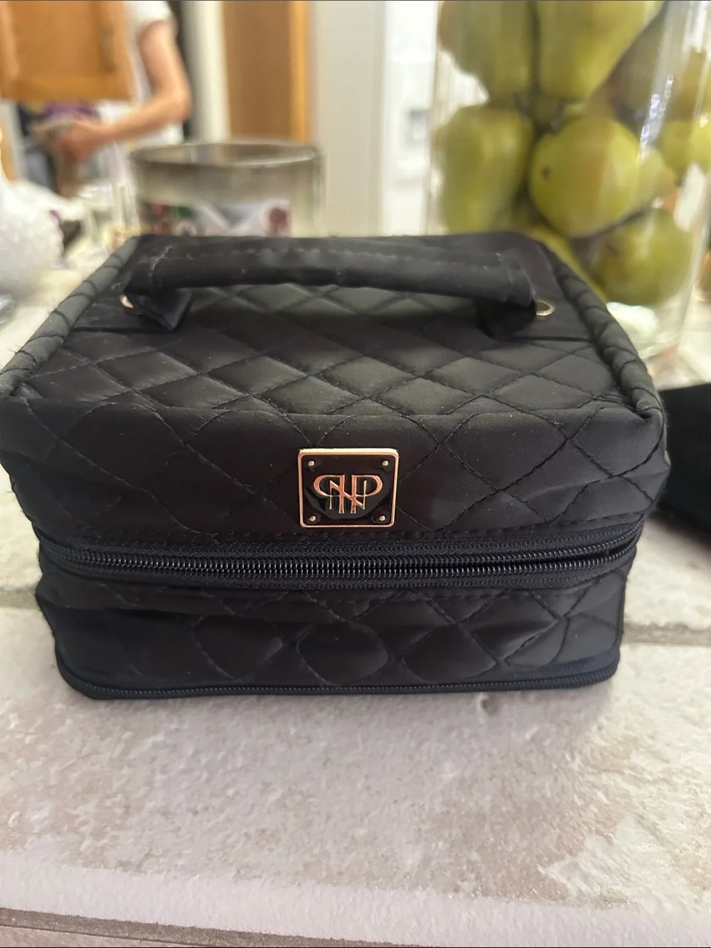 PurseN Quilted Black Cosmetic Case with Gold-logo Accent